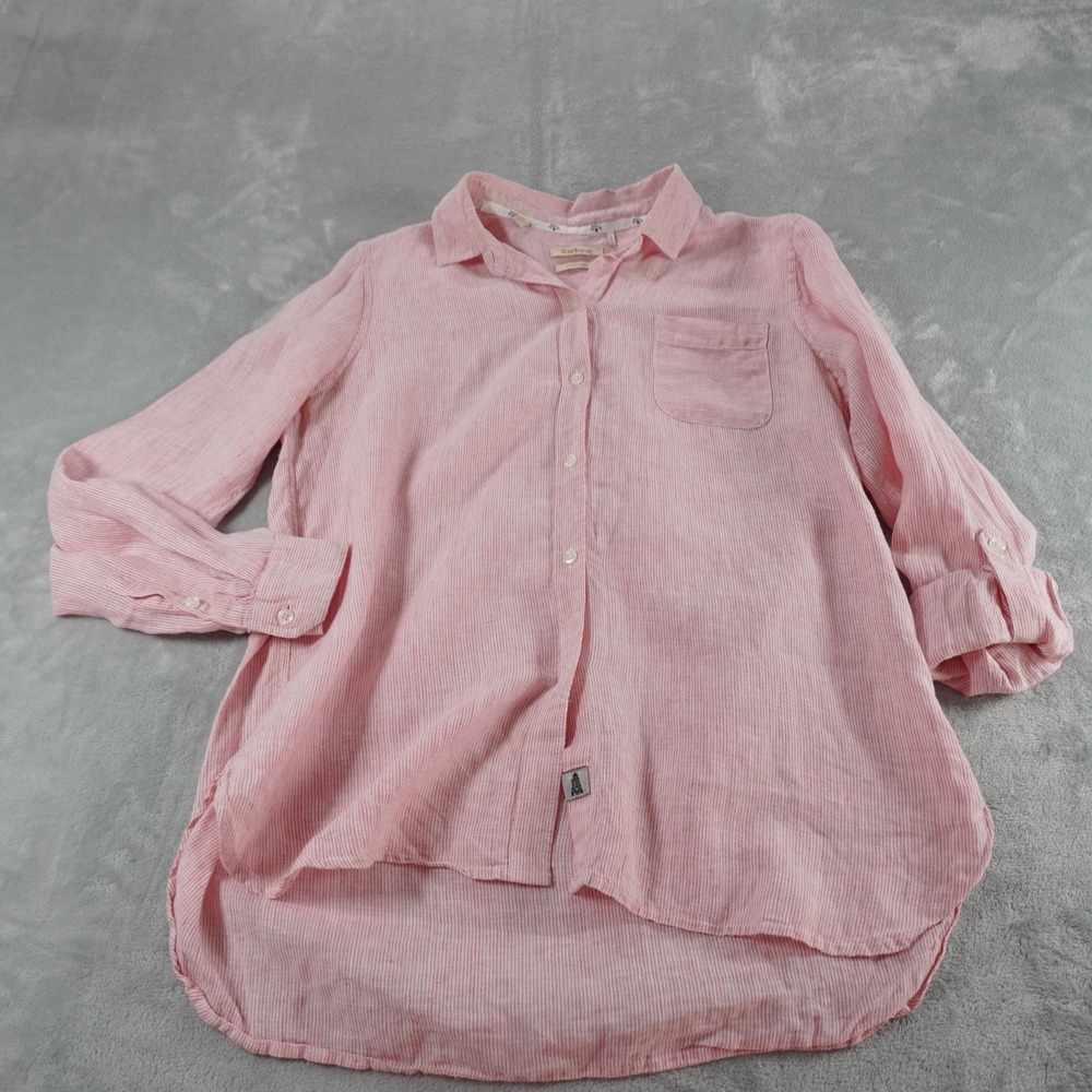 Barbour Linen Button Up Shirt Womens 6 Pink Collared Roll Tab Striped Casual - Picture 14 of 16